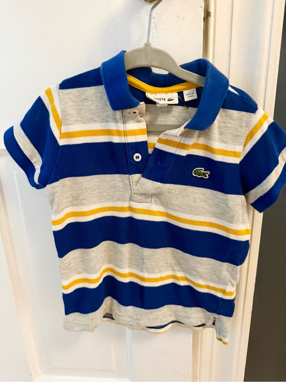 Lacoste Boys Blue, White & Yellow Stripe Pique Polo 2t